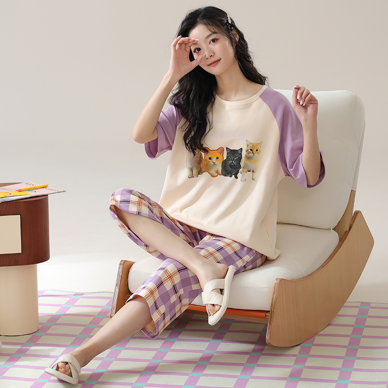 B984-100% cotton pajamas women spring and summer short-sleeved cropped pants ladies thin home clothes cotton suit