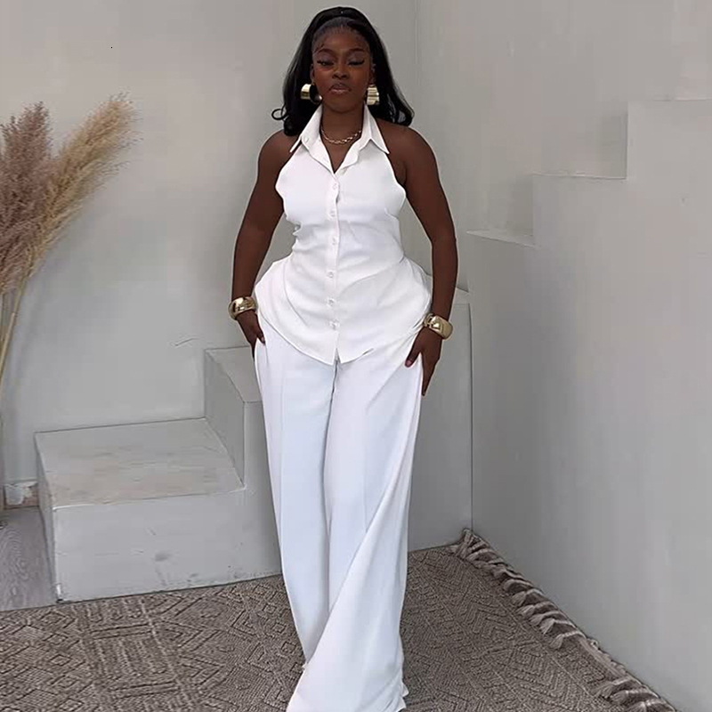 Womens Fashion 2025 Summer New Fashion Backless Bow Sleeveless Top Wide-Leg Long Pants Set