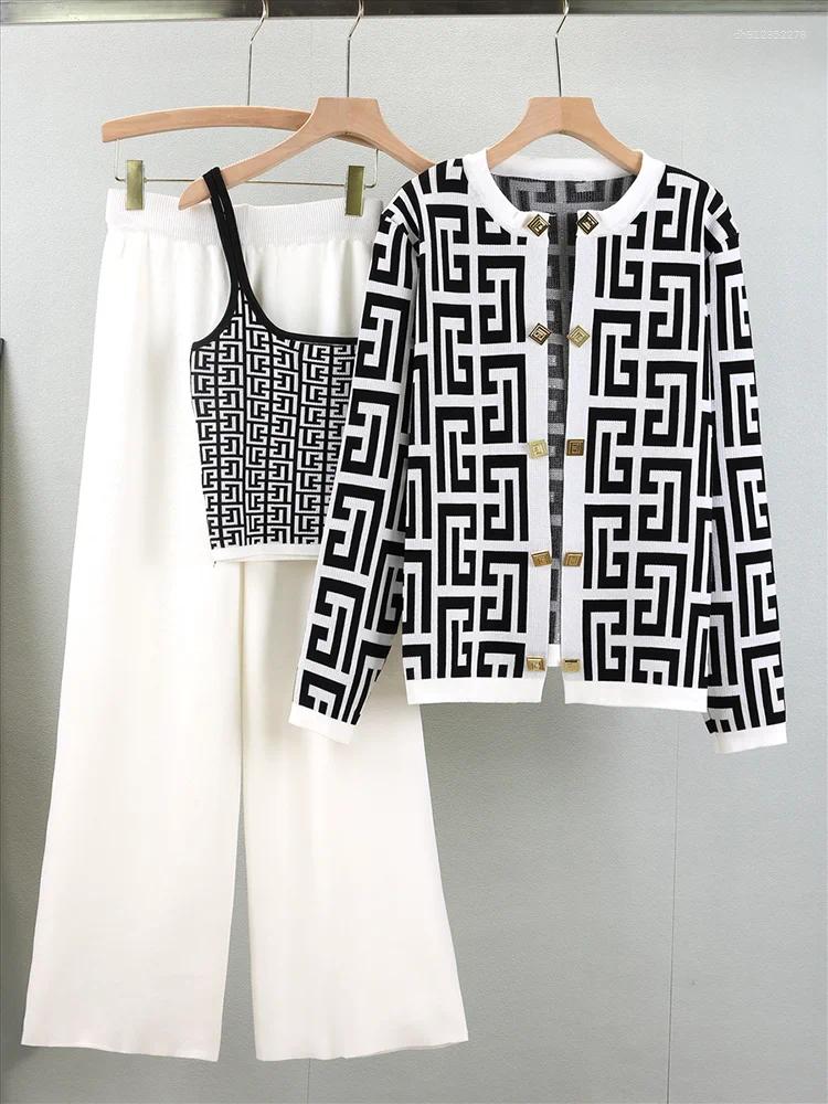 Women's Tracksuits Spring Knitted Three Pieces Sets 2025 Slim Short Tank Top Long Sleeves Cardigan Elastic Wide Leg Pants Fashion Sweater TUES