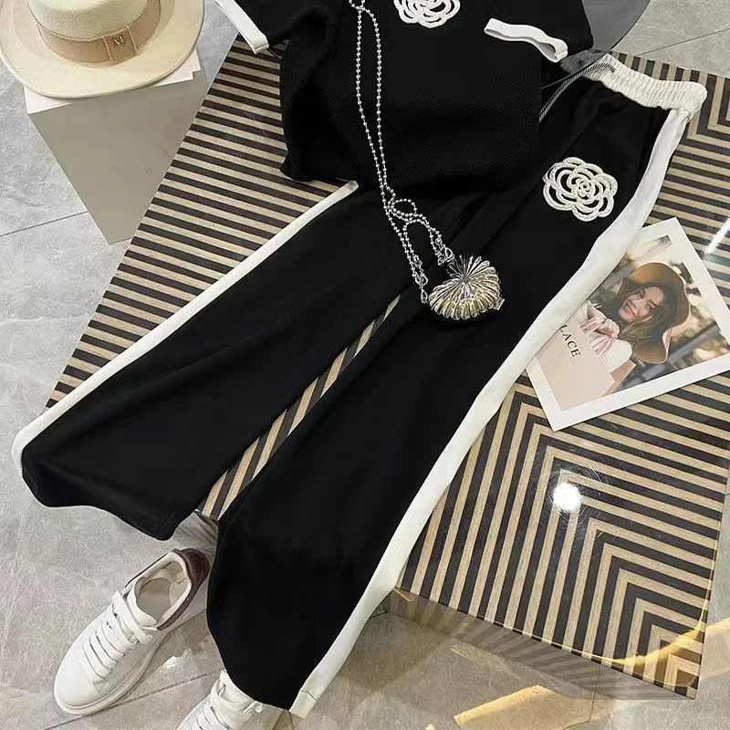 Fashion Two Piece Set Summer Clothes For Women Dresy Damskie Casual Wide Leg Pants Flower Sweater Suits Female clothes 250723