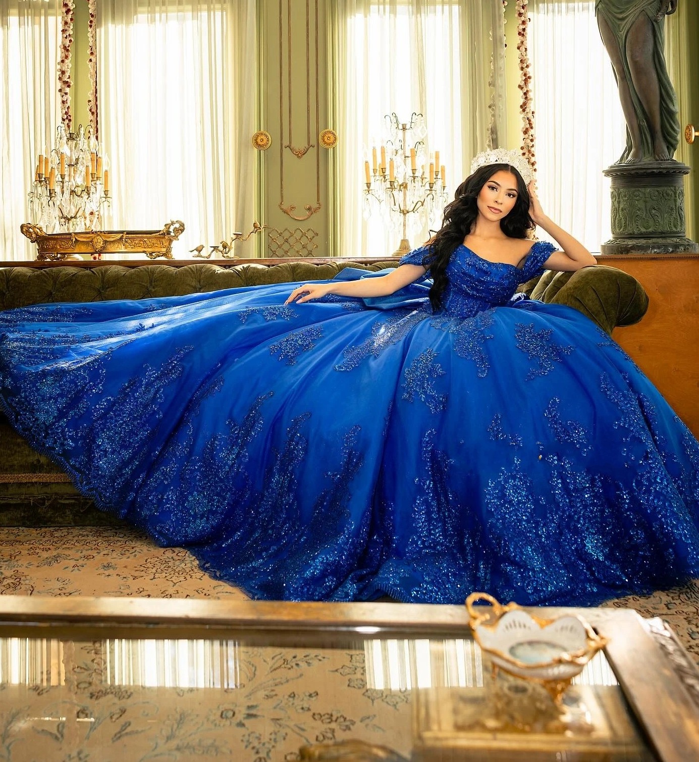 2025 Glitter Royal Blue Quinceanera Dress Ball Gown Sequins Applique Beaded Bow Sweet 16 Vestidos De 15 Ano Vestidos De Debutante Birthday Ballkleid