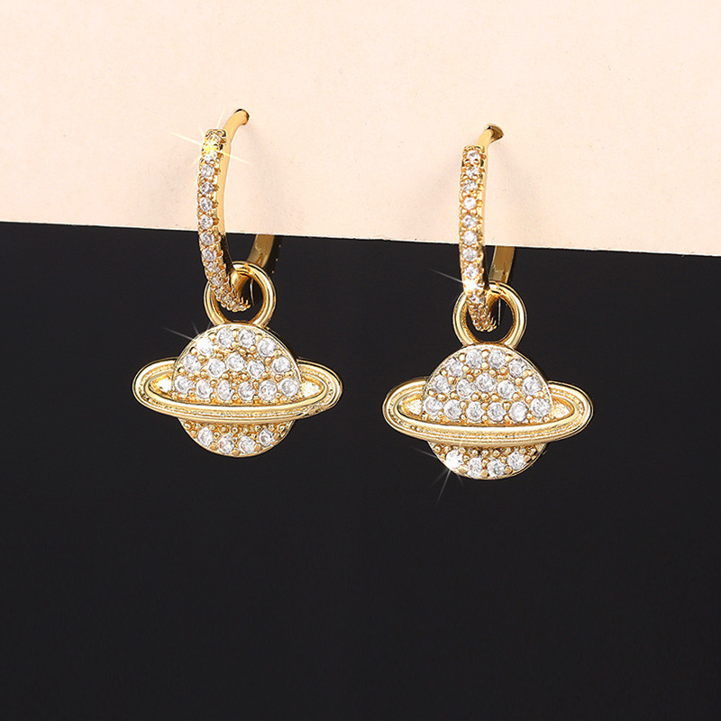 Gold - Tone Planet - Shaped Drop Earrings With Rhinestone Accents, Chic Cosmic - Inspired Jewelry, High - Quality Sparkling Gift For Her