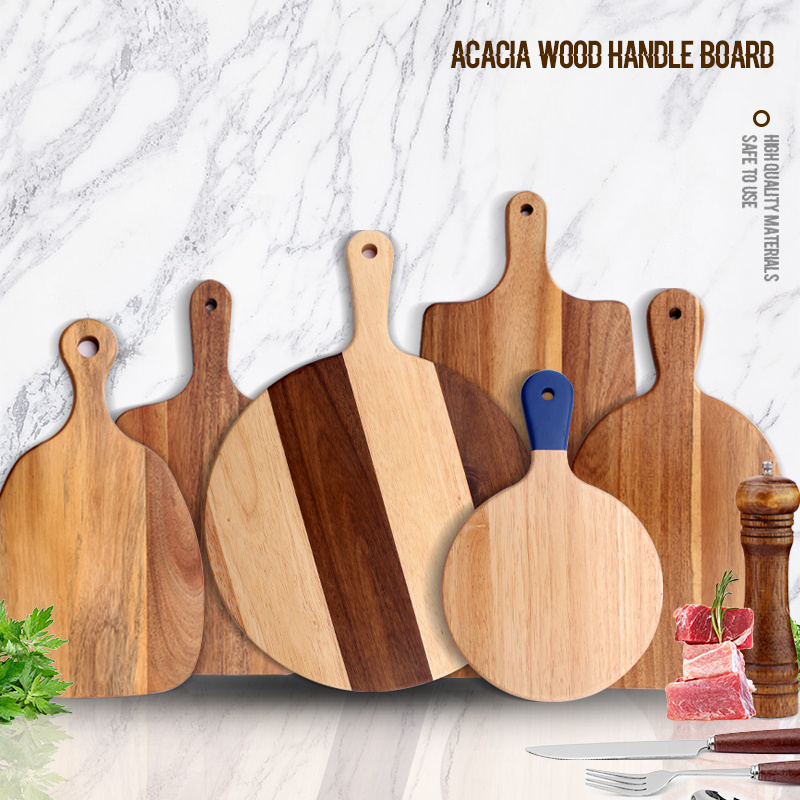 Home Use Acacia Wood Cutting Board with Handle and Hanging Hole, Double-Sided, Kitchen Delicatessen Chopping Board, Non-Slip