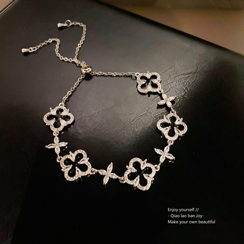 Silver - Tone Clover - Shaped Bracelet With Rhinestone Accents Elegant Party Jewelry And Gift For Her High Quality And Sparkling Jewelry
