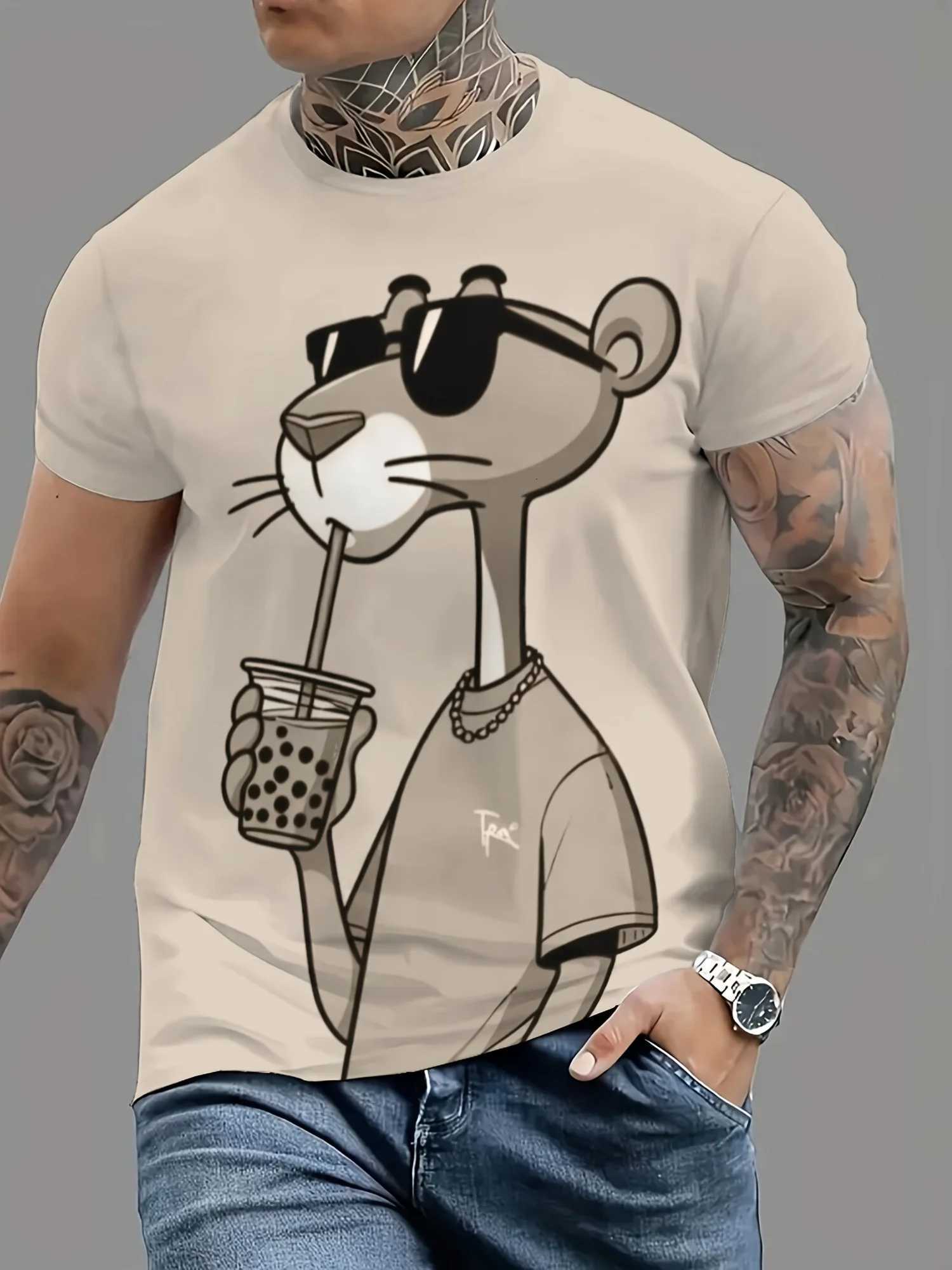 Summer New Mens T-shirts Cartoon Pink Panther Print Short Sleeve O-neck Tees Casual Loose Daily Sports Oversized Unisex Tops W250723