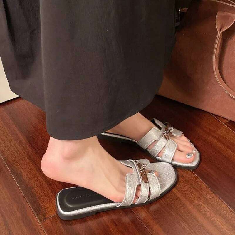 Women's Flat Shoes Barefoot Outside Woman Pu Cross Belt Slippers Women Metal Decoration Sandals 2025 Summer Ladies Fashion Shoe