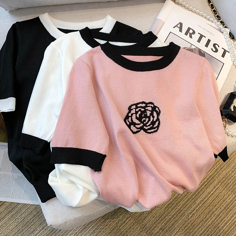 Camelia Jacquard Ice Silk Knitted Sweater Tshirt Women Summer Elegant Vintage Fashion Knitwear Tees Short Sleeve Oneck Top 250718