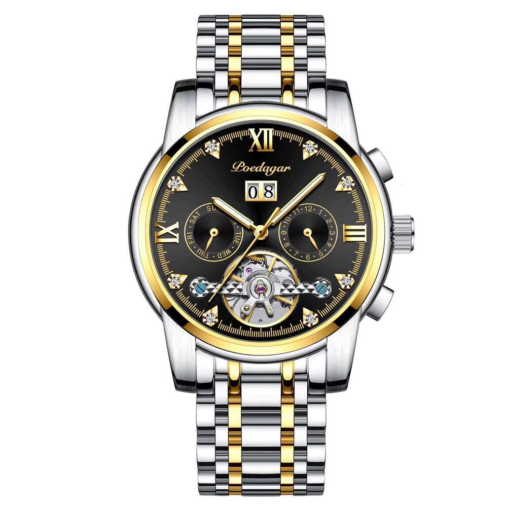 DHwatches POEDAGAR Men's Luxury Automatic Watch - Tourbillon, Day/Date/Month, 50M Waterproof, Luminous, Stainless Steel, Business Mechanical Watc
