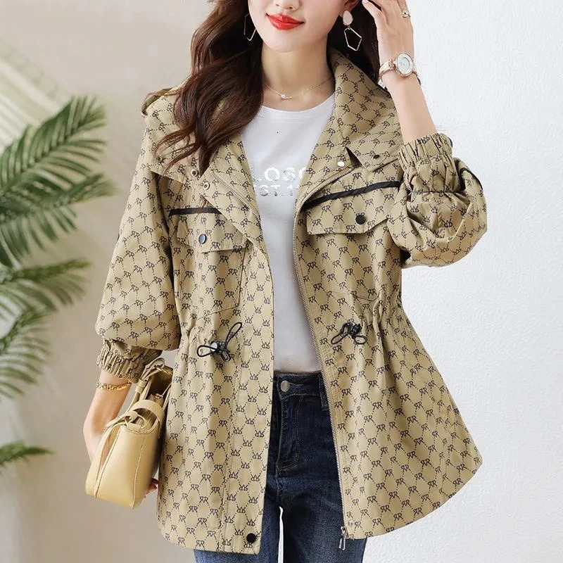 2024 Spring Autumn Korean High-grade Casual Hooded Windbreaker Women Loose Temperament Fashion Print Trench Coat Female Outcoat250723