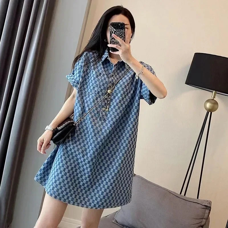 Bluedenim Checkered Dress Womens Summer Arrival Fashionable Stylish Age-Reducing Hong Kong Style Loose-Fit Skirt 250723