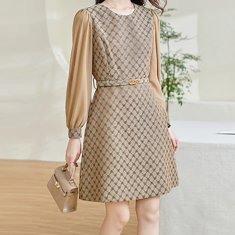 Women Casual Long Sleeves Patchwork Dress With Belt Floral Printing Slim Office A-line Dresses Women Party Vestido Autumn 250723