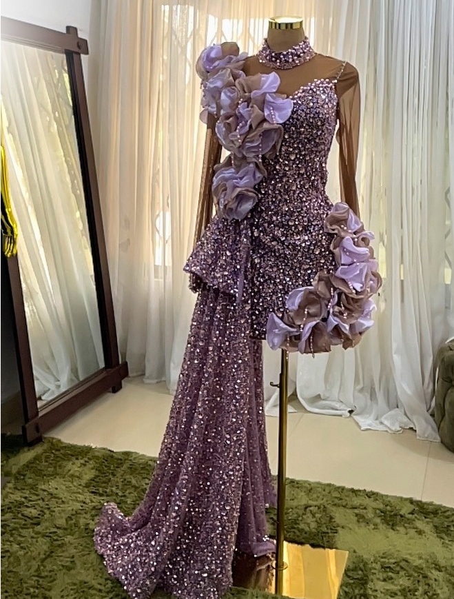 Chic Lilac Sheath Cocktail Dress High Neck Tiers Beaded Full Sleeves Short Mini Graduation Homecoming Dresses For Special Occasions Sweetheart Gowns
