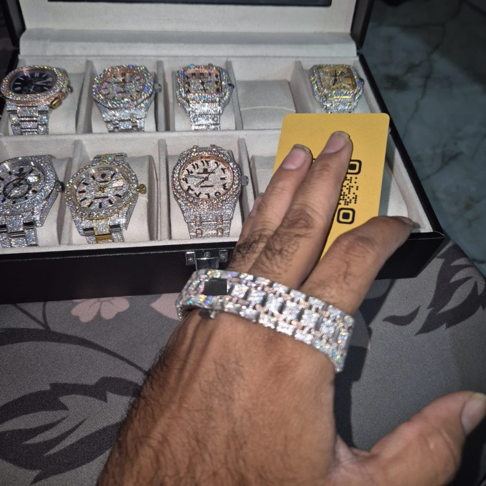 Bling Bling Iced out Men's Watch VVS Moissanite Rectangular Steel Case Leather Strap Hip Hop Series ETA Movement GRA Certified
