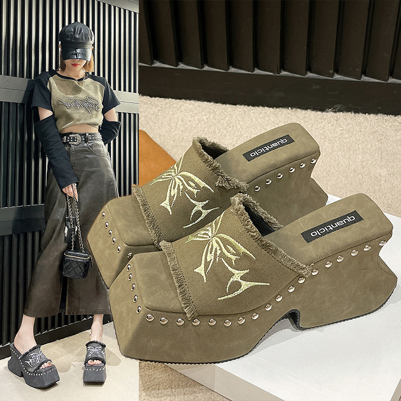 Platform Sandals for Women Denim Butterfly Design with Metal Rivets Slip On Punk Style Summer Fashion Footwear
