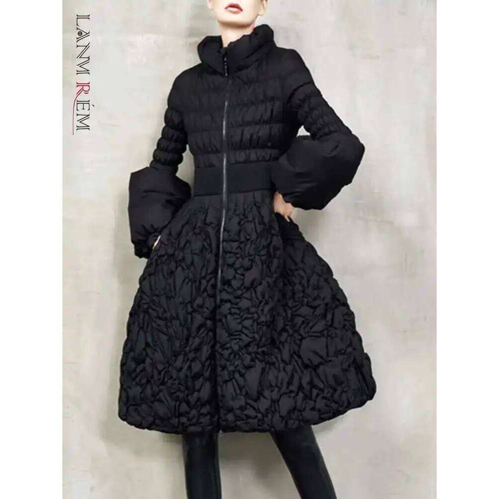 hoodie Fashion Pleated Design Down Coat For Women Stand Collar Long Sleeves Slim A-line Black Clothing Winter New 2VV229 jacket