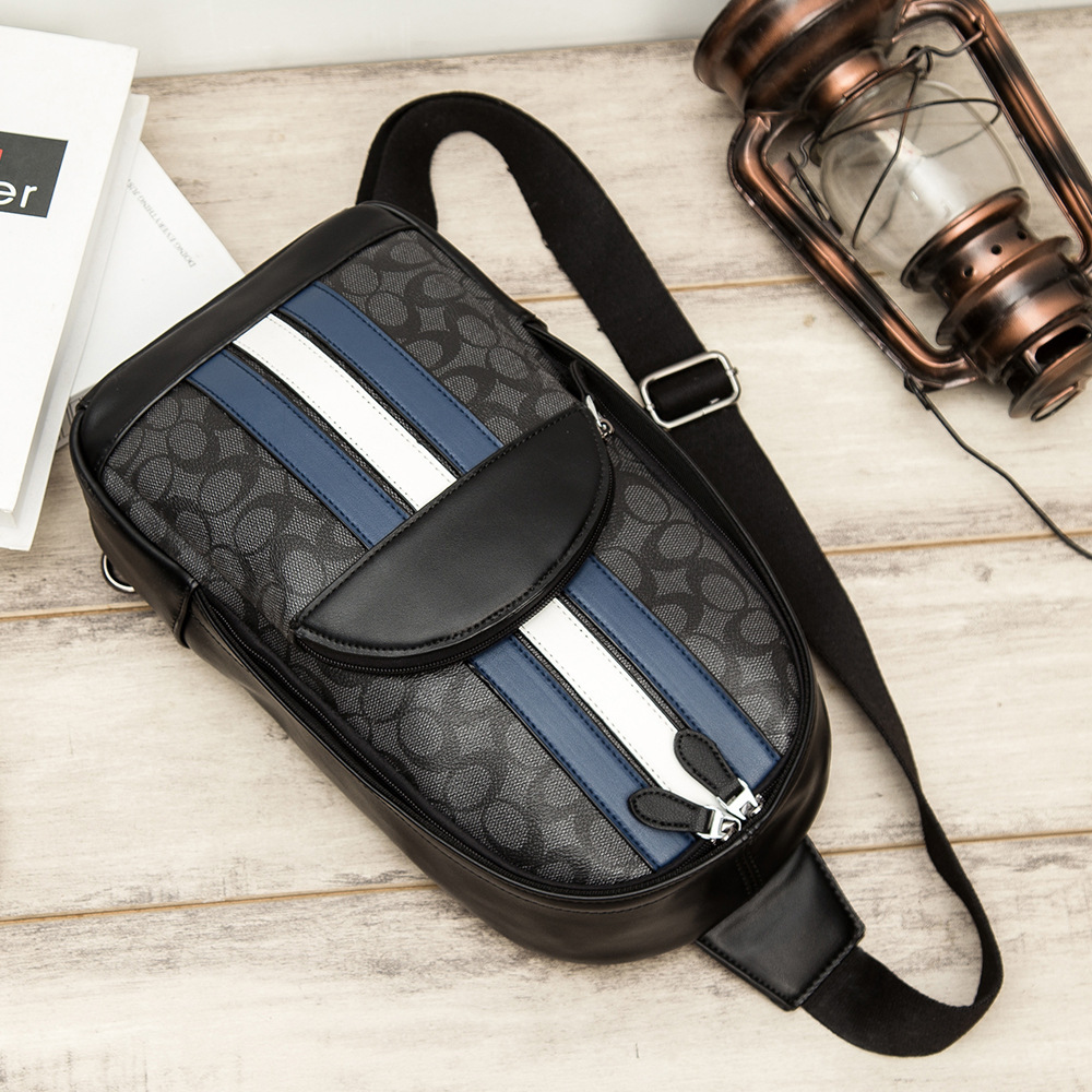 Men's bag autumn new style plaid shoulder chest bag color blue and white fashion lines
