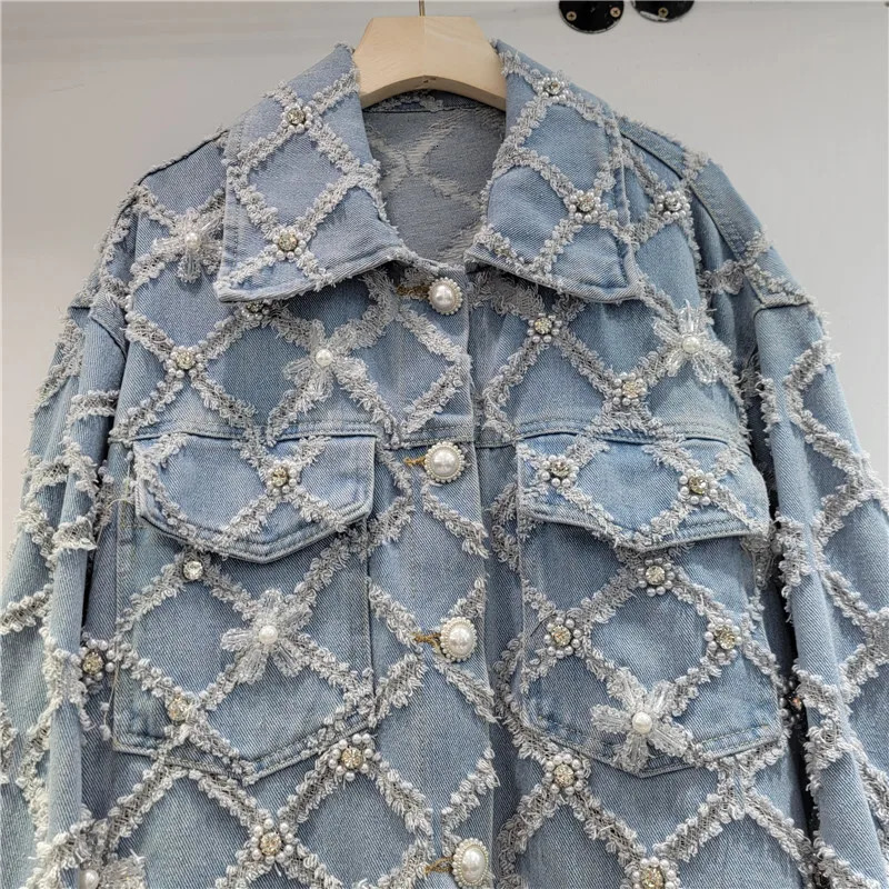 WTHT Fashion Womens Spliced Rivet Flower Plaid Denim Jacket Spring Trendy Lapel Long Sleeves Coat 1LS1131 250723