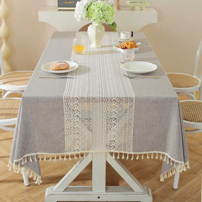 YL-36782 new tablecloth polyester linen simple temperament hollow splicing rectangular high-grade retro coffee table dining table cover cloth spot