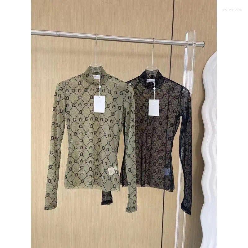 Women's T Shirts 2025 Mesh Bottoming Shirt Women Transparent Sexy Flocking Thin Semi-turtleneck Moon