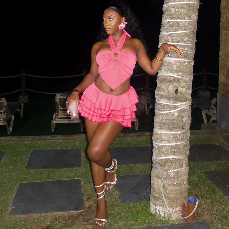 Womens Clothing 2025 Summer New Sexy Halter Neck Hollow Short Top Ruffled Skirt Set