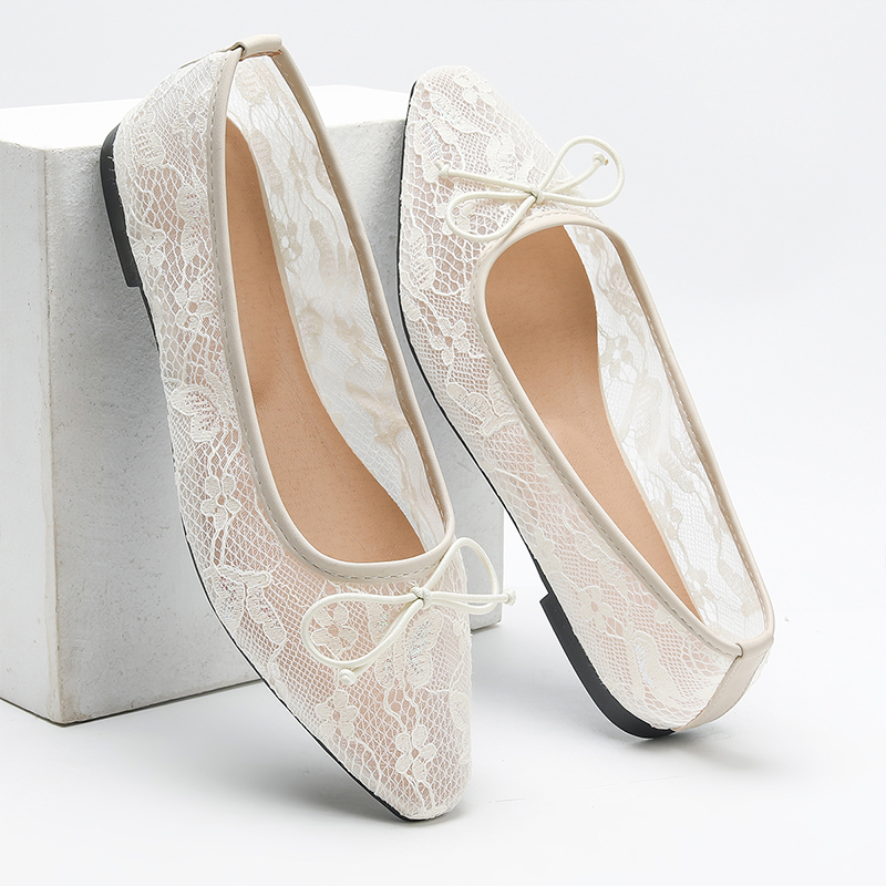 versatile casual flat shoes Spring and autumn new wedding style bow decoration solid color light mouth small square toe mesh breathable, comfortable