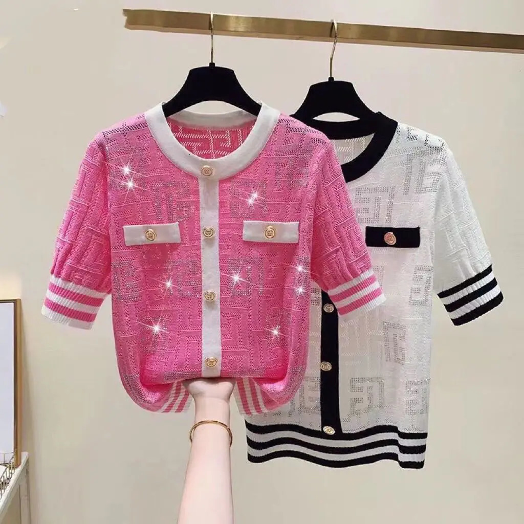 Highend Shiny Diamond Ice Silk Tshirt Thin Tops Button Summer Knit Tees Short Sleeve Striped Womens Clothing Outerwear 250723