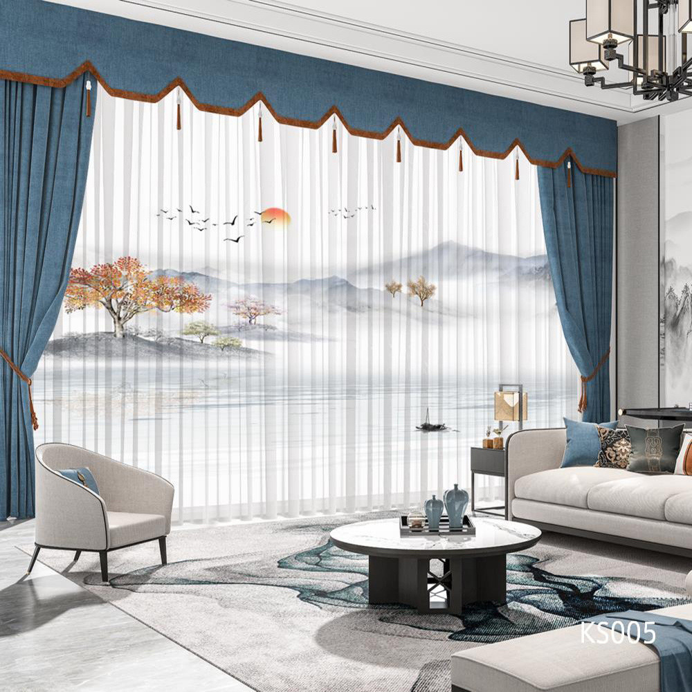 YL-36668 Modern New Chinese Style Ink Painting Landscape Living Room Study High-end Bedroom Famous Hotel Curtain Zen Gauze Curtain