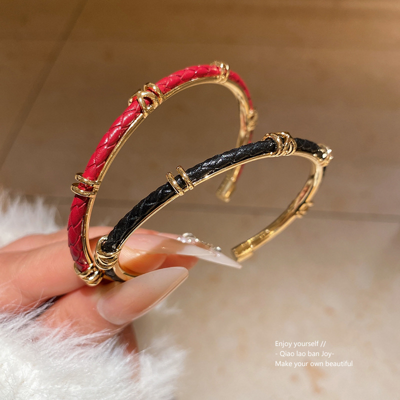 Gold - Tone Rhinestone - Studded Cross Clasp Red Braided Leather Bracelet, Elegant Party Jewelry And Gift For Her High Quality And Stylish Jewelry