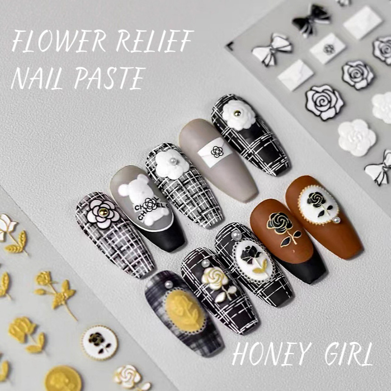 1Sheet Matte Nail Sticker Bow Nail Stickers 5D enchase Luxury Decal Charm Manicure Elegant Embroidery Style Floral Nail Art Jewelry