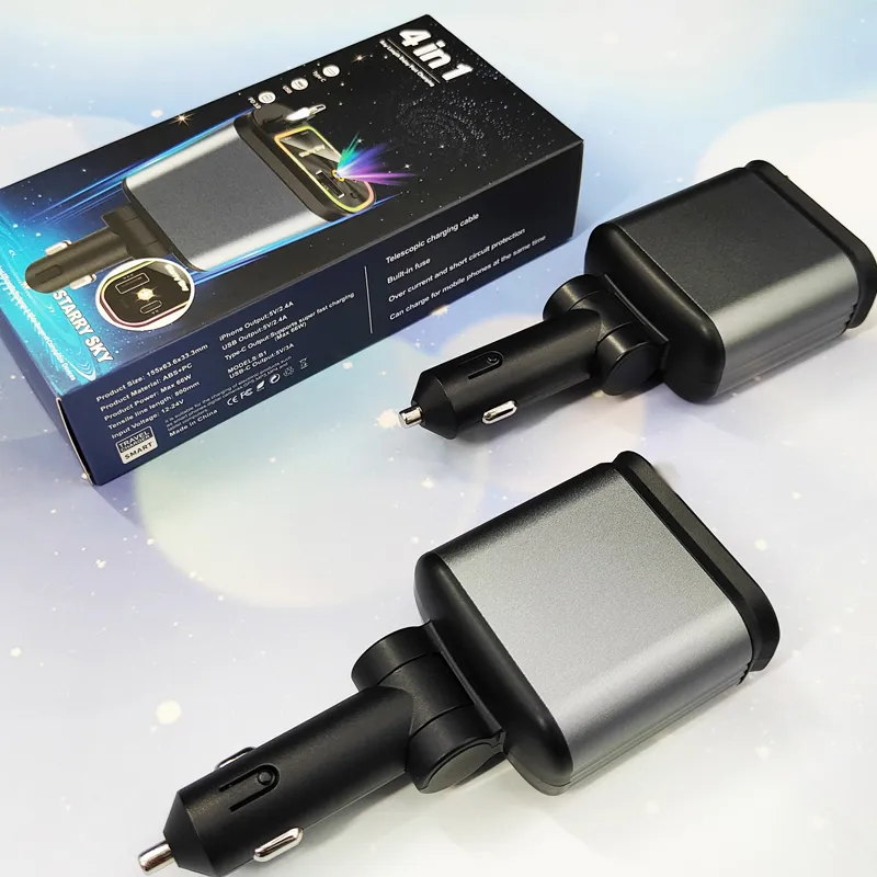 B1 120W Romantic Star Sky Light 4 IN 1 Retractable Car Charger PD QC 3.0 Fast Charging Type C Mobile Phone Cigarette Lighter Adapter for smart phone i