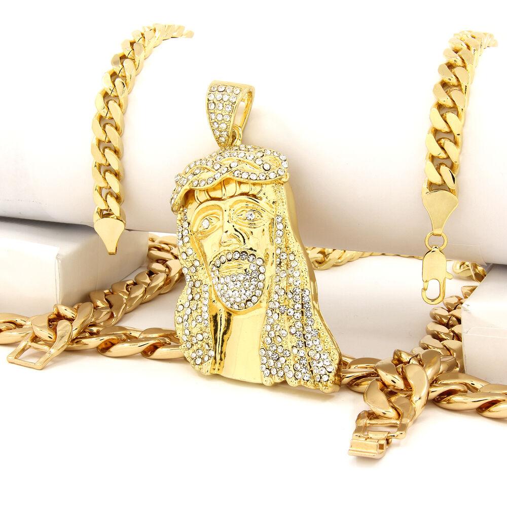 Gold Plated Jesus Piece Pendant Cubic-Zirconia Two 30" Cuban Chain - view 3