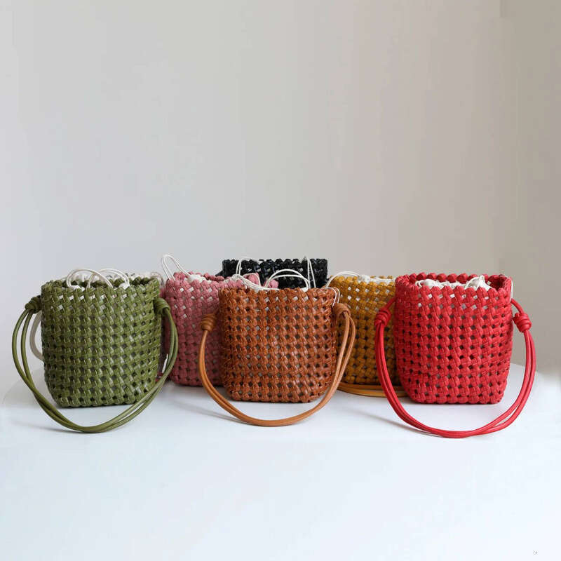2025 New Niche Vintage French Genuine Leather Woven Cowhide Hollow Mini Women Handbag Shoulder Crossbody Bucket Bag