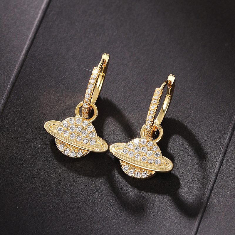 Gold - Tone Planet - Shaped Drop Earrings With Rhinestone Accents, Chic Cosmic - Inspired Jewelry, High - Quality Sparkling Gift For Her