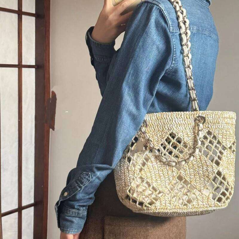 Weaving Hollow Beach Bag High-End Fashion One-Shoulder Crossbody Chain Vegetable Basket Handbags For Women Canvas Cloth Summer