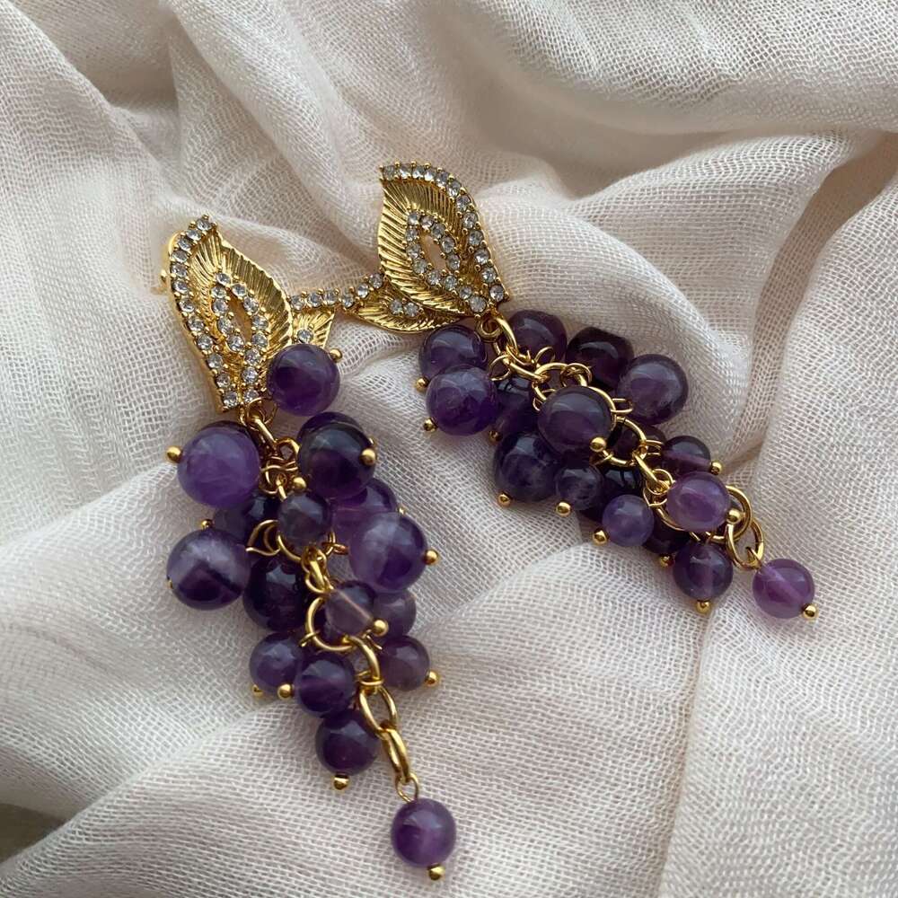 Vintage Jewelry Exaggerated Tassel Crystal Grape Palace Court High-end Light Glass Earrings for Women