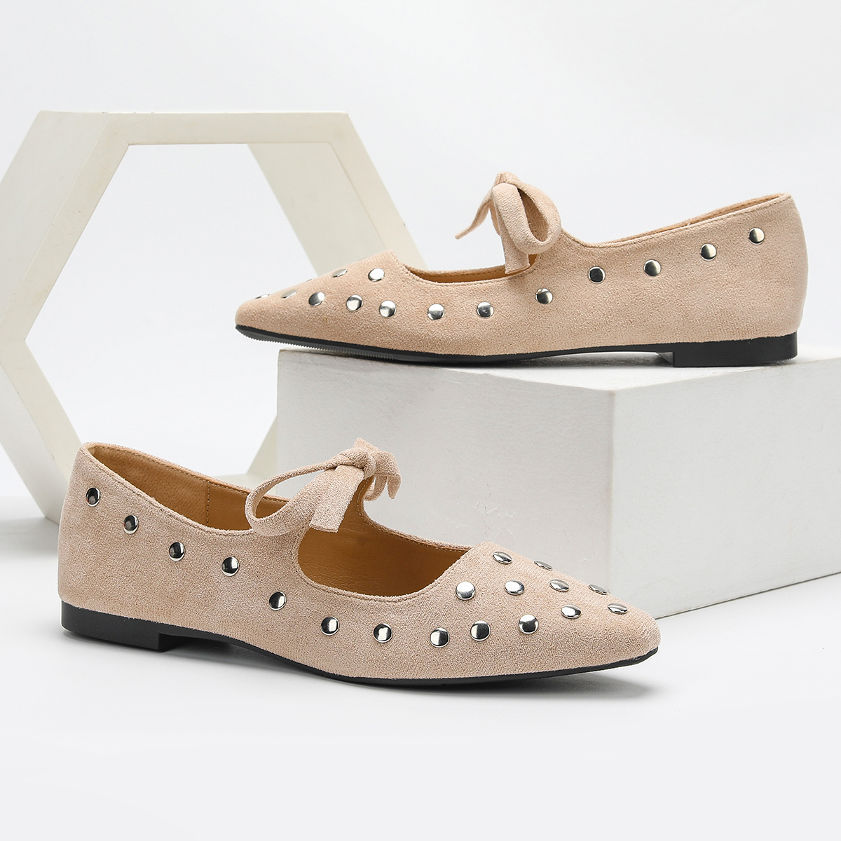 casual flat shoes Spring and autumn new style faux suede bow decorated solid color light-mouthed small square toe versatile