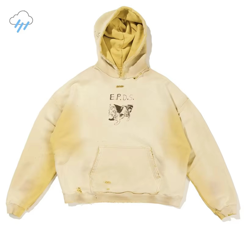 25FW Heavy Fabric Cotton Vintage Washed Yellow Damaged Hole Hoodie Men Women Streetwear Cartoon Letter Graffiti Pullovers Hooded