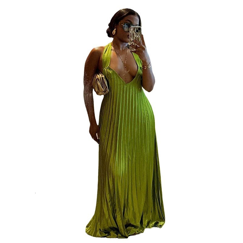 Womens clothing 2024 autumn new sweet and fresh hanging neck V-neck exposed back pressure pleated oversized swing dress