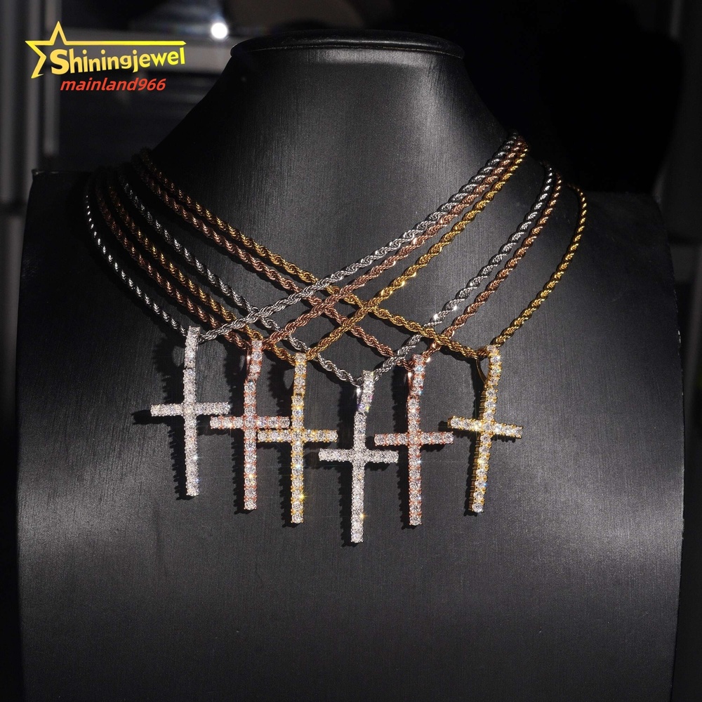 RTS Fine Hip Hop Jewelry Iced Out 3MM Round Cut Moissanite Pendant 925 Silver VVS Moissanite Jewelry Cross Pendant