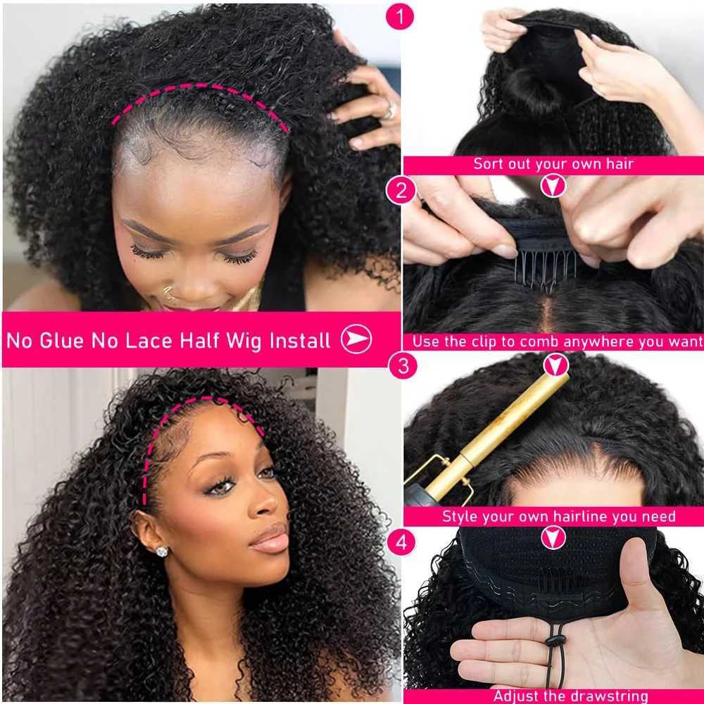 Half Wig Human Hair Kinky Curly Glueless Wig Human Hair Ready to Wear 3 IN 1 Half Wig With Drawstring 250 Density Curly Half Wig G250722