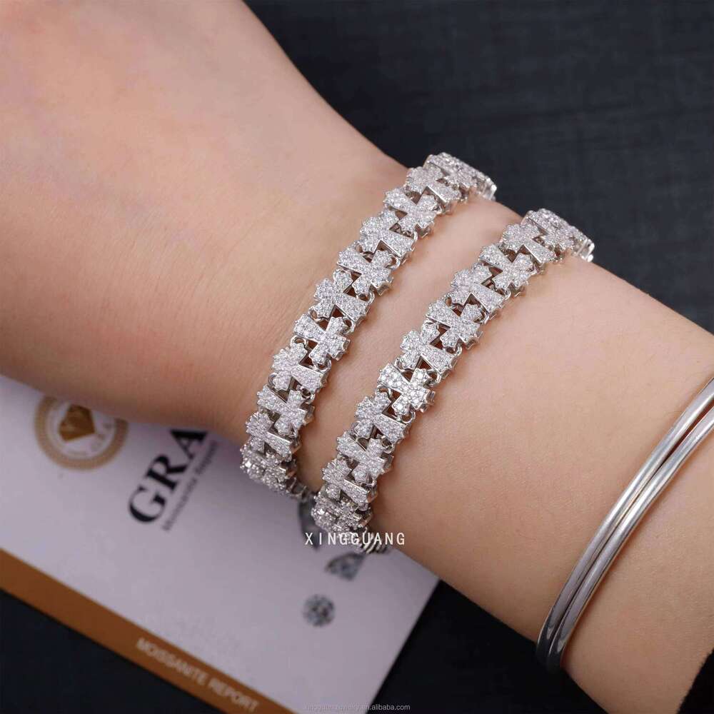 Trendy 14mm Wide Multi Cross Moissanite White Gold Plated Sier Links Men Women Cuban Bracelet Jewelry