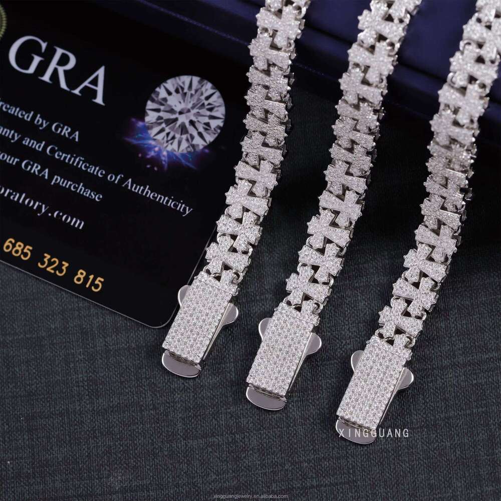 Trendy 14mm Wide Multi Cross Moissanite White Gold Plated Sier Links Men Women Cuban Bracelet Jewelry