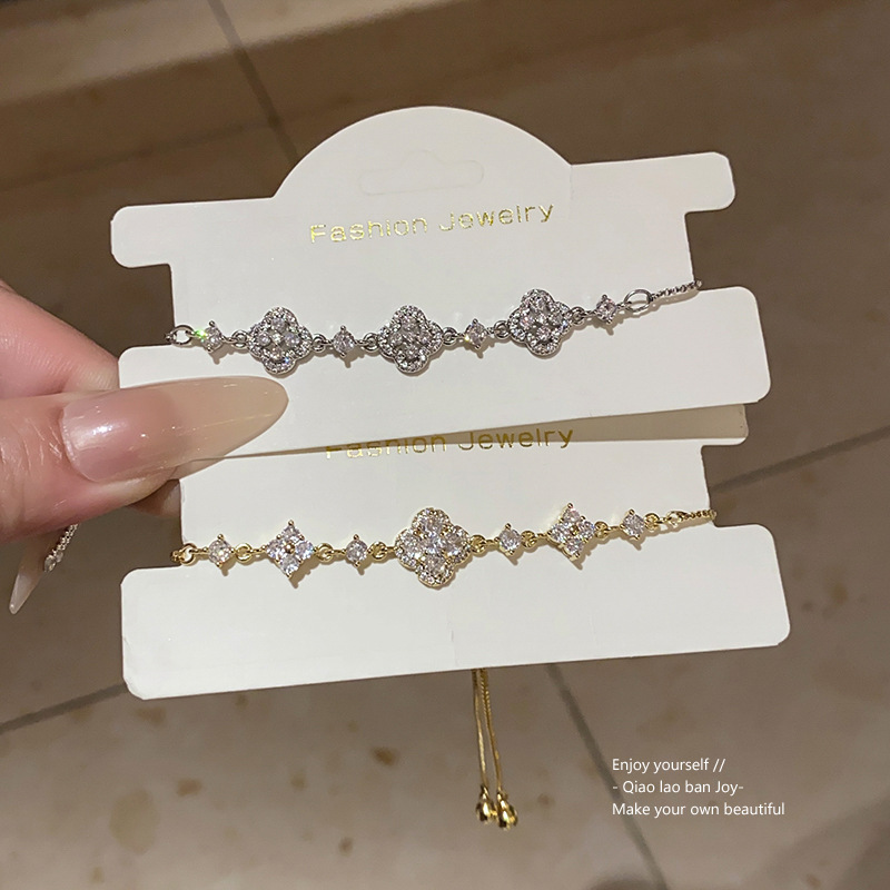 Gold - Tone Bracelet With Rhinestone - Studded Clover And Diamond Shapes Elegant Party Jewelry And Gift For Her High Quality And Sparkling Jewelry