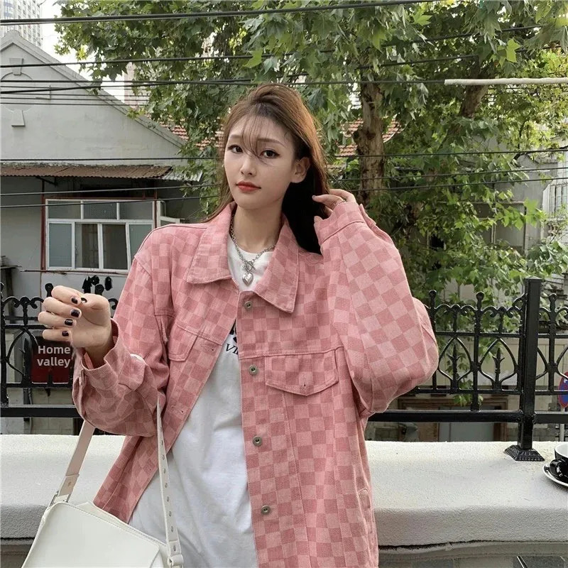 Early Spring Autumn Versatile Plaid Denim Jacket Womens Fashionable Outerwear Classic Never out of Style250723