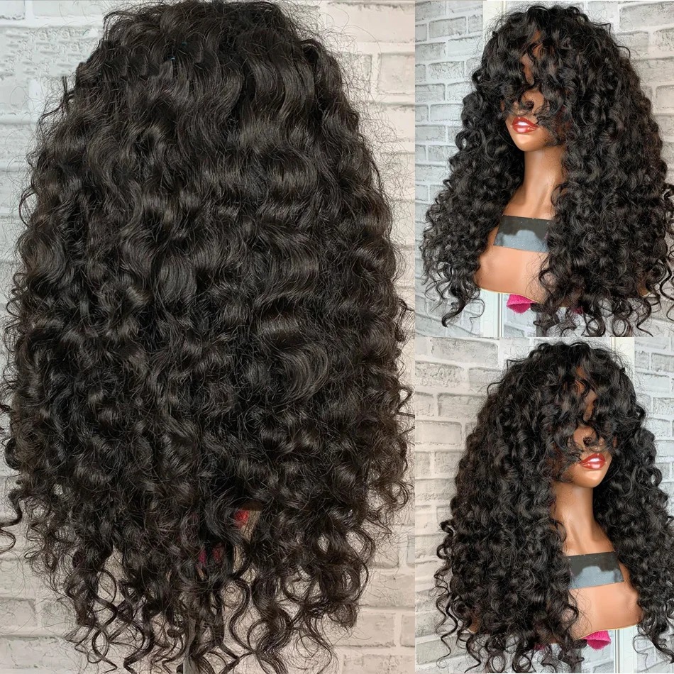 Soft Natural Black 26Inch Kinky Curly Long 180 Density With Bangs For Women High Temperature Fiber Glueless Daily Synthetic Lace Front Wig