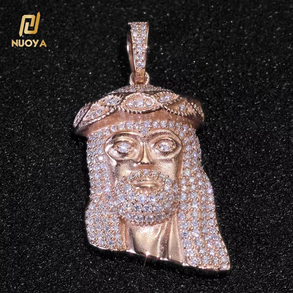 NUOYA Womens Hip Hop Jesus Head Pendant Rose Gold Plated 925 Sterling Silver Iced Out VVS Moissanite Jewelry Pass Diamond Test