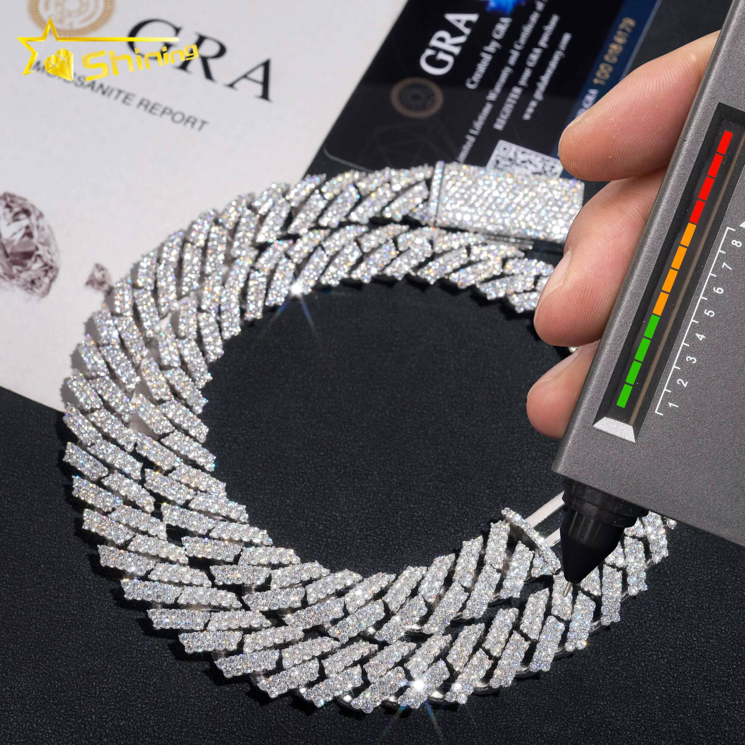 Shining Moissanite Hip Hop Jewelry 15mm 2rows Design Sterling Silver Gold Plated Diamond Moissanite Cuban Link Chain