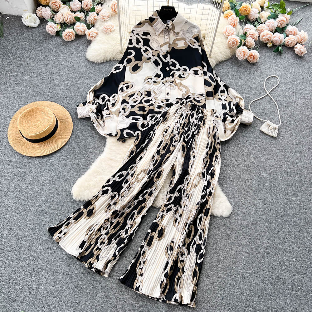 Vintage print lapel loose shirt two-piece set spring womens elastic waist drop pleated wide-leg pants fashion set 240514