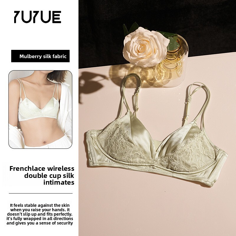 Yuyue 2025 New Spring Lace Lightweight Wireless Mulberry Silk Panties Triangle French Double Strap Women's Bra