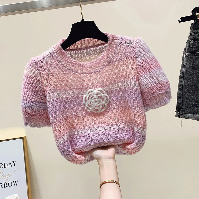 Korean Fashion Knitwear Women O-Neck Short Sleeve Casual Summer Y2K Chic Clothing Sweater Pullovers Tops Pull Femme Tees 250723